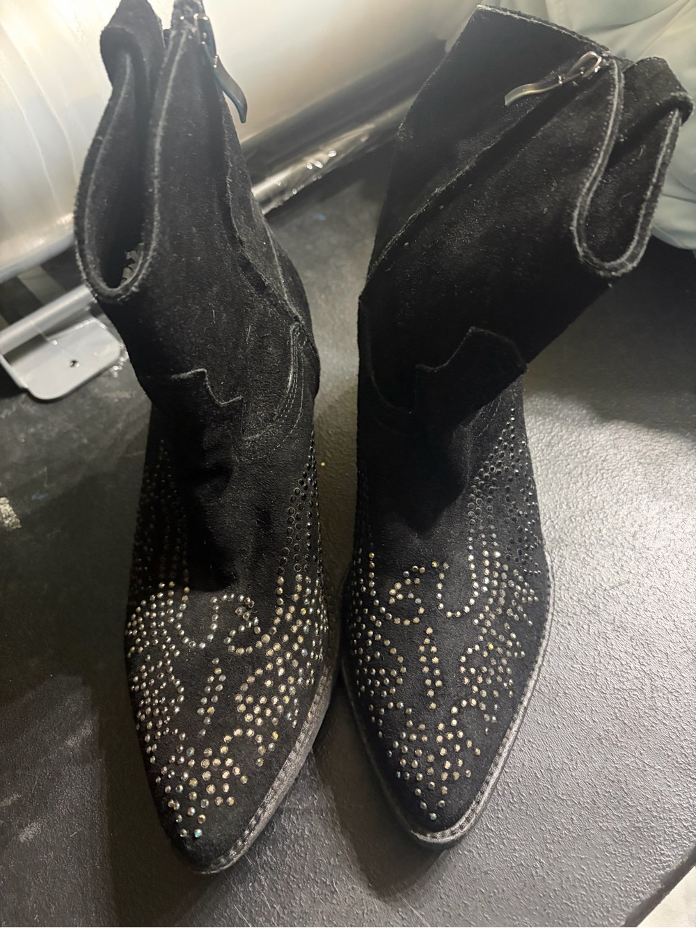 Black Studded Suede Western-Inspired Ankle Boots Reba